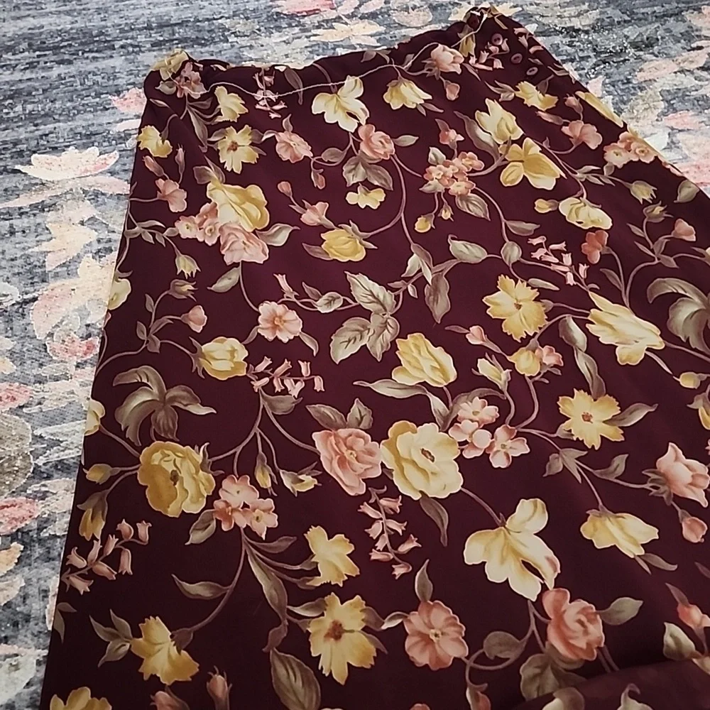 Vintage Maroon Floral Rose Maxi Skirt Side Button Sheer Overlay Boho Grunge
